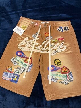 Brown Jean Shorts with Embroidered Patches